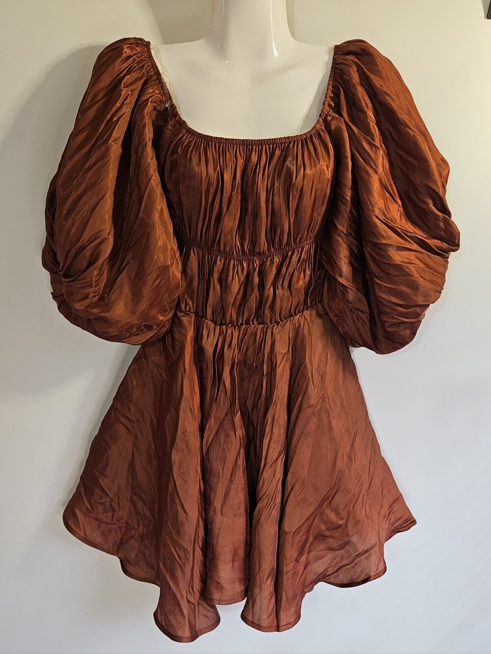 Altard State Soleil Shiny Rust Brown Puff-Sleeve Women’s Dress Size Small NWT